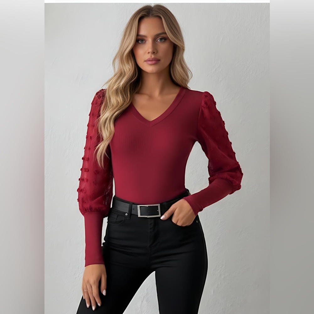 Burgundy Swiss Dot Ribbed Gigot Sleeve V Neck Top
